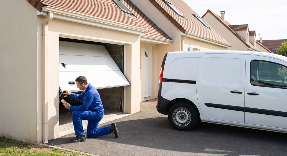Artisan en salopette se tenant devant une porte de garage sectionnelle bloquée, effectuant le diagnostic de panne du moteur. Plan large montrant l'artisan, l'équipement, et le volet entièrement visible avec le contexte de la façade résidentielle.