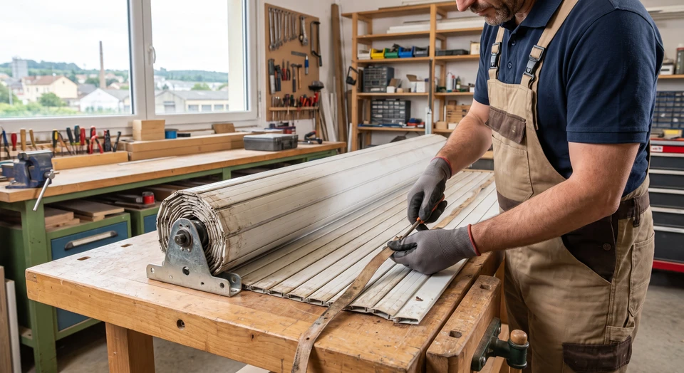 Menuisier en atelier procédant au remplacement de la sangle cassée d'un volet roulant manuel, déroulé à moitié, posé sur un établi de travail. L'artisan manipule la sangle défaillante avec ses mains et outillage professionnel adéquat, en gros plan sur le mécanisme du volet.